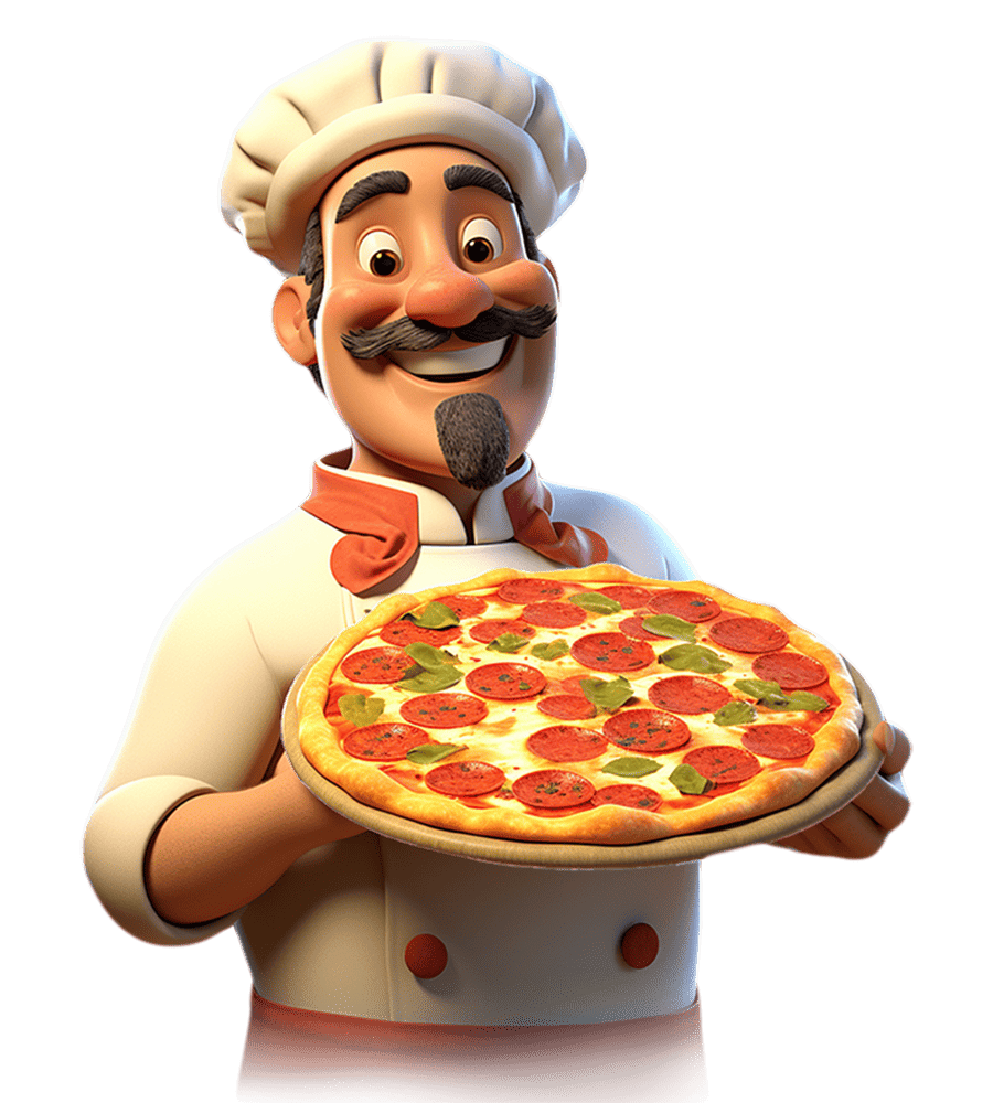 Chef de Pizzas Watson presentando una pizza